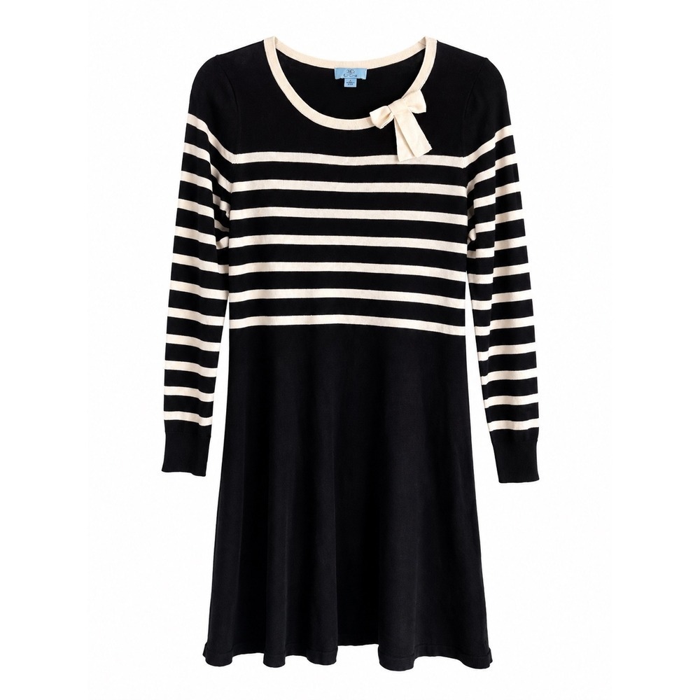 CeCe Bow Neck Knit Sweater Dress Medium Black Striped A-Line Office Chic